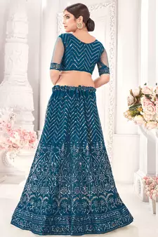 Teal Blue Semi Stitched Lehenga Choli Net Stitched Ceremonial Net Lehengas