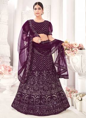 Wine Semi Stitched Lehenga Choli Net Semi Stitched Ceremonial Net Lehengas 1