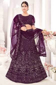 Wine Semi Stitched Lehenga Choli Net Semi Stitched Ceremonial Net Lehengas