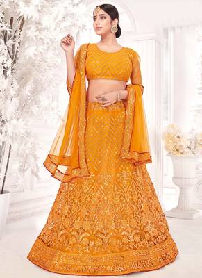 Mustard Semi Stitched Lehenga Choli Net Semi Stitched Ceremonial Net Lehengas 1