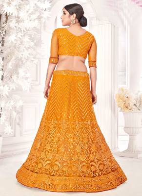 Mustard Semi Stitched Lehenga Choli Net Semi Stitched Ceremonial Net Lehengas 2