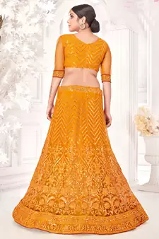 Mustard Semi Stitched Lehenga Choli Net Semi Stitched Ceremonial Net Lehengas