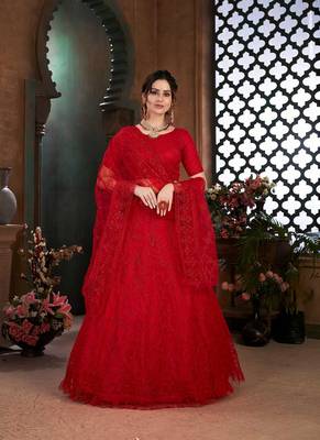 Red Semi Stitched Lehenga Choli Net Semi Stitched Ceremonial Net Lehengas 1