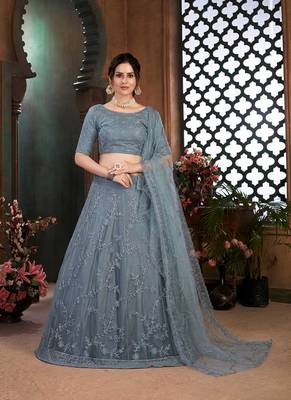 Grey Semi Stitched Lehenga Choli Net Stitched Ceremonial Net Lehengas 1