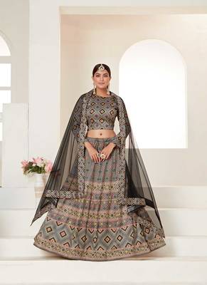 Grey Semi Stitched Lehenga Choli Ajmeri Silk Stitched Ceremonial Ethnic Lehengas 1