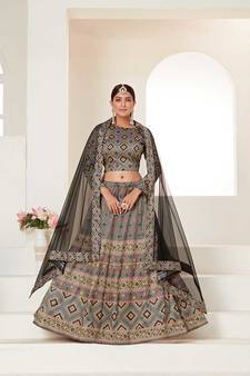 Grey Semi Stitched Lehenga Choli Ajmeri Silk Stitched Ceremonial Ethnic Lehengas