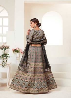 Grey Semi Stitched Lehenga Choli Ajmeri Silk Stitched Ceremonial Ethnic Lehengas 2