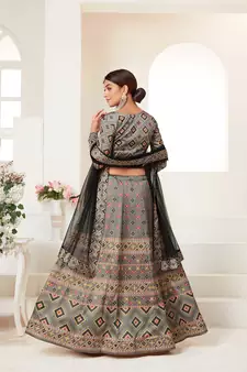 Grey Semi Stitched Lehenga Choli Ajmeri Silk Stitched Ceremonial Ethnic Lehengas