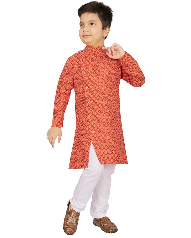 Orange printed cotton boys-kurta-pyjama