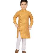 Yellow printed cotton boys-kurta-pyjama
