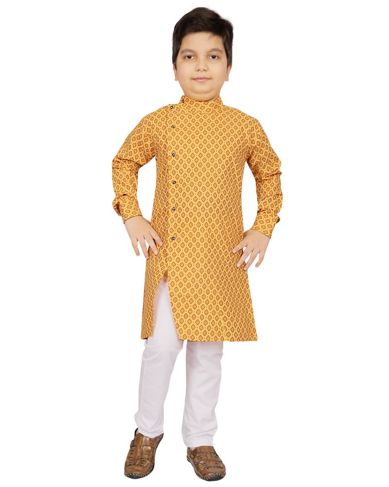 Yellow printed cotton boys-kurta-pyjama