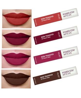 Liquid Matte Lipstick  Waterproof combo of 4 (Upto12 Hrs Stay)(Flirty Red Cherry Red Pink Prom  Bon Bon Brown) 1