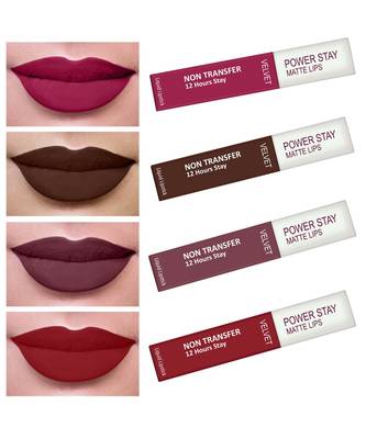 Liquid Matte Lipstick  Waterproof combo of 4 (Upto12 Hrs Stay) (Pink Prom  Bon Bon Brown  Timeless Mauve Apple Red) 1