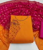 JHEENU Women's Orange Slub Cotton Aabla Hand Work Unstitched Dress Material 
