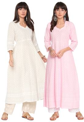 Queenley WomenWhite  Pink Cotton Quarter Sleeves Combo of Chikan Anarkali 1