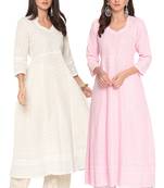 Queenley WomenWhite  Pink Cotton Quarter Sleeves Combo of Chikan Anarkali
