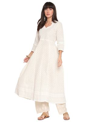 Queenley WomenWhite  Pink Cotton Quarter Sleeves Combo of Chikan Anarkali 2