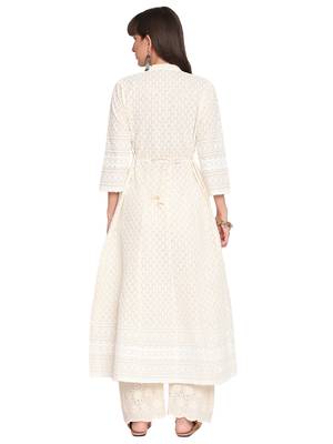 Queenley WomenWhite  Pink Cotton Quarter Sleeves Combo of Chikan Anarkali 3