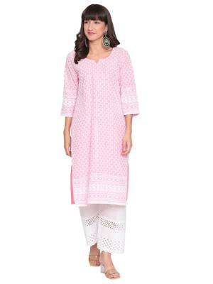 Queenley WomenWhite  Pink Cotton Quarter Sleeves Combo of Chikan Anarkali 5