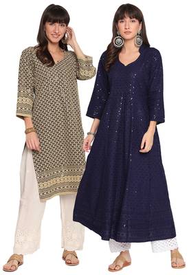 Queenley WomenNavy  Brown Cotton Quarter Sleeves Combo Chikan Kurti 1