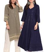 Queenley WomenNavy  Brown Cotton Quarter Sleeves Combo Chikan Kurti