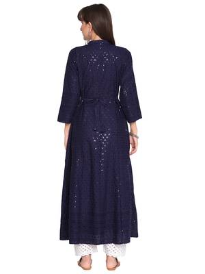 Queenley WomenNavy  Brown Cotton Quarter Sleeves Combo Chikan Kurti 3