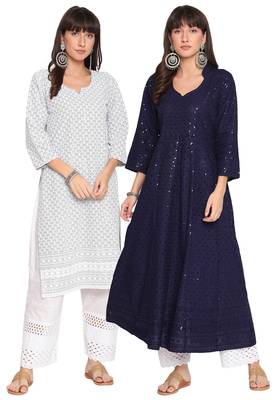 Queenley WomenNavy  Grey Cotton Quarter Sleeves Combo Chikan Kurti 1