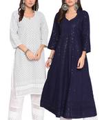Queenley WomenNavy  Grey Cotton Quarter Sleeves Combo Chikan Kurti