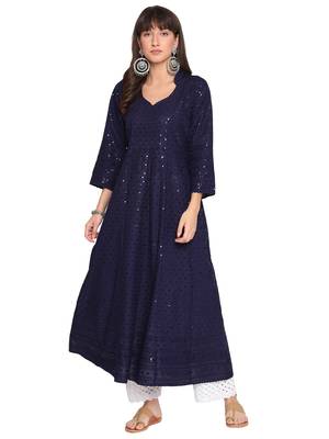 Queenley WomenNavy  Grey Cotton Quarter Sleeves Combo Chikan Kurti 2