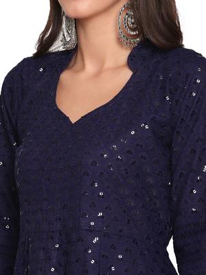 Queenley WomenNavy  Grey Cotton Quarter Sleeves Combo Chikan Kurti 4