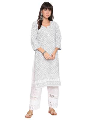 Queenley WomenNavy  Grey Cotton Quarter Sleeves Combo Chikan Kurti 5