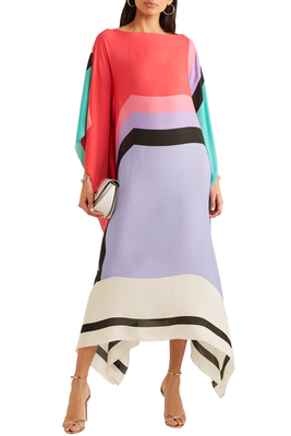 JSDC Printed Calf Length Strip Printed Silk Crepe Kaftan For Women 1