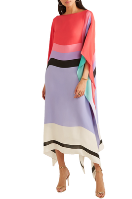 JSDC Printed Calf Length Strip Printed Silk Crepe Kaftan For Women 4