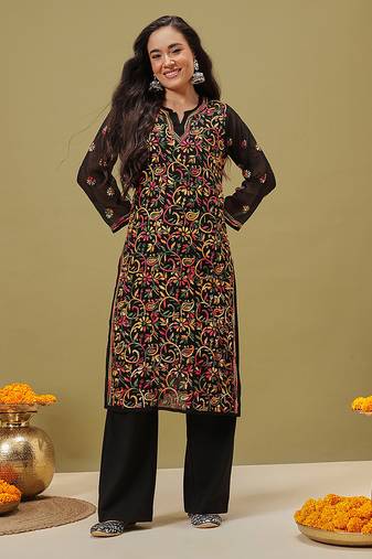 Hand Crafted Black Georgette Lucknowi Chikankari Indian Women Kurta With Slip
