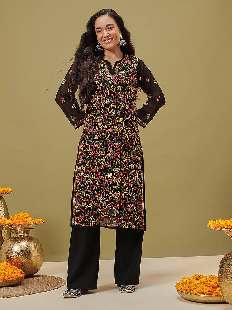 Hand Crafted Black Georgette Lucknowi Chikankari Indian Women Kurta With Slip