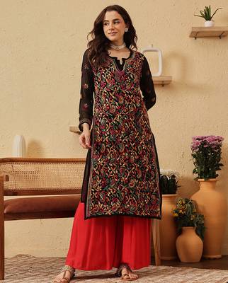 Hand Crafted Black Georgette Lucknowi Chikankari Indian Women Kurta With Slip 1