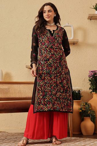 Hand Crafted Black Georgette Lucknowi Chikankari Indian Women Kurta With Slip