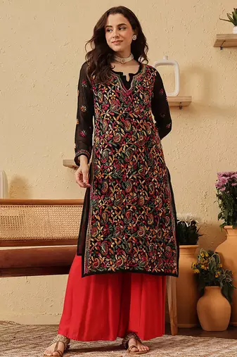 Hand Crafted Black Georgette Lucknowi Chikankari Indian Women Kurta With Slip