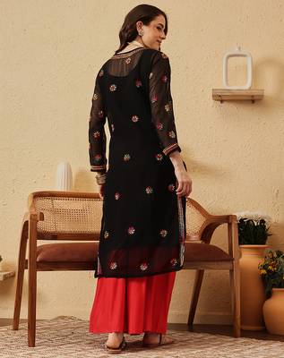 Hand Crafted Black Georgette Lucknowi Chikankari Indian Women Kurta With Slip 3