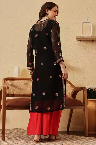 Hand Crafted Black Georgette Lucknowi Chikankari Indian Women Kurta With Slip