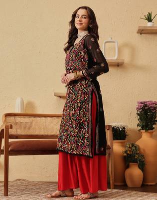 Hand Crafted Black Georgette Lucknowi Chikankari Indian Women Kurta With Slip 4