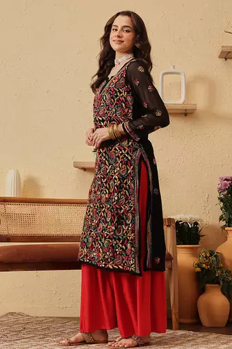 Hand Crafted Black Georgette Lucknowi Chikankari Indian Women Kurta With Slip