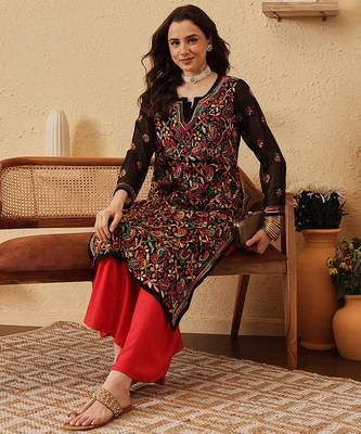 Hand Crafted Black Georgette Lucknowi Chikankari Indian Women Kurta With Slip 5