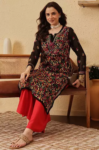 Hand Crafted Black Georgette Lucknowi Chikankari Indian Women Kurta With Slip