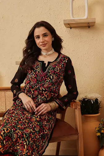 Hand Crafted Black Georgette Lucknowi Chikankari Indian Women Kurta With Slip