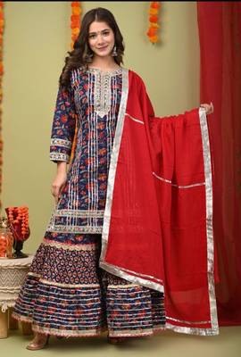 Rayon printed embroidered kurti sharara with dupatta 1