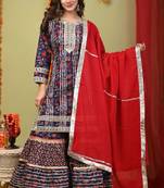 Rayon printed embroidered kurti sharara with dupatta