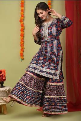 Rayon printed embroidered kurti sharara with dupatta 2