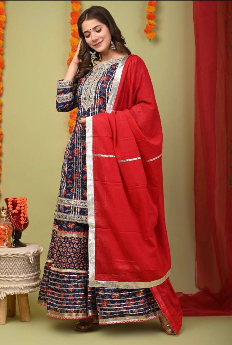 Rayon printed embroidered kurti sharara with dupatta