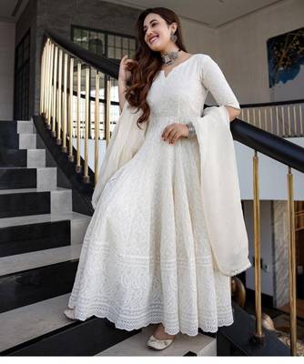 Cotton embroidered sequence work ethnic heavy gown with chanderi dupatta 1